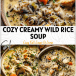 Creamy Wild Rice Soup in a rustic bowl with chicken, herbs, and rice simmered to golden perfection